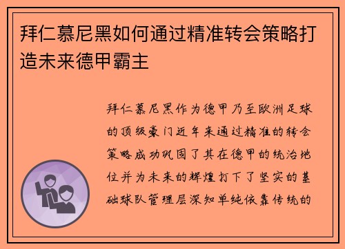 拜仁慕尼黑如何通过精准转会策略打造未来德甲霸主